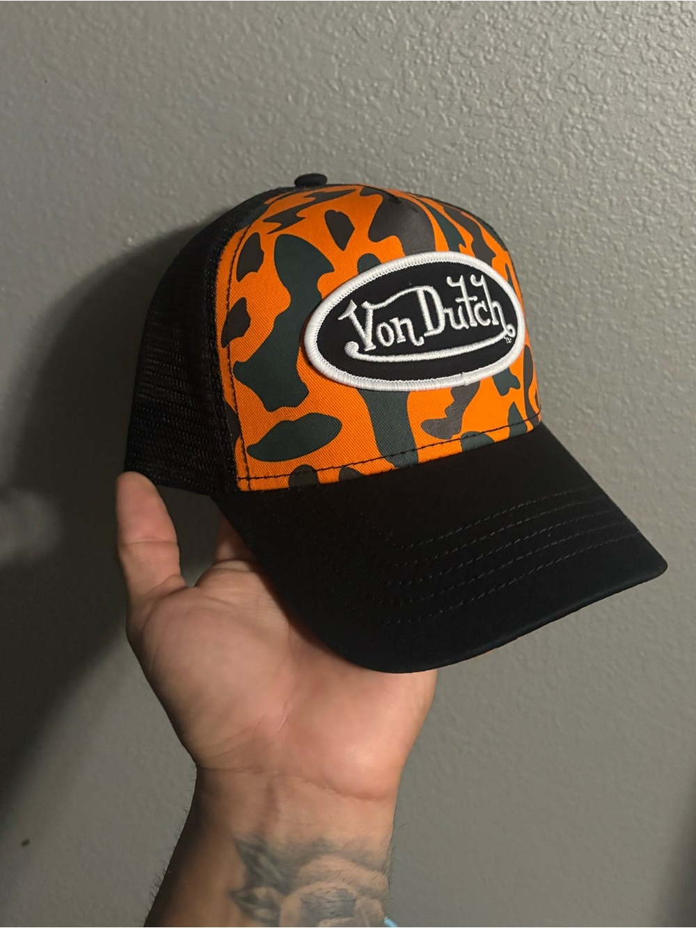Von Dutch Orange and Black Camo Trucker Cap